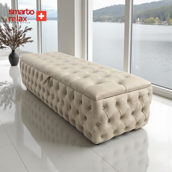 Smarto Relax Puf Saas-Fee Sandıklı Ayaksız Kapitoneli Dekoratif 110x45x40 cm – Ekru