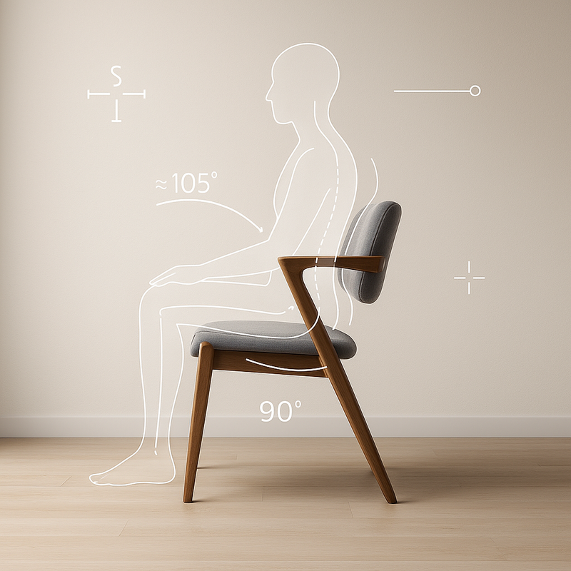 Ergonomik oturma şeması – Keops sandalye üzerinde doğru postür; ≈105° sırt açısı ve 90° diz açısı, minimal ofis/living room arka planı