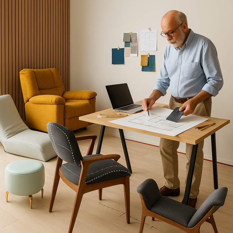 Kişiye özel üretim – minimal stüdyoda eskiz yapan deneyimli tasarımcı; Smarto Relax TV koltuğu, ergonomik şezlong modülü ve sandalye ile kumaş/renk kişiselleştirme süreci