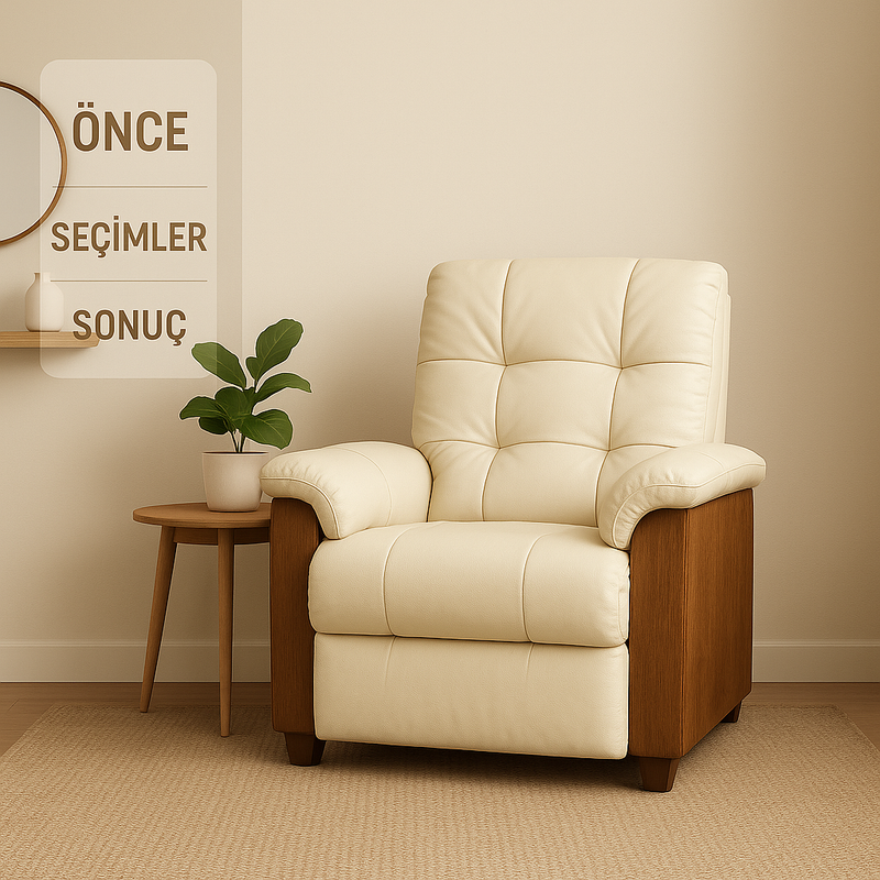 Smarto Relax kompakt TV koltuğu; küçük salonda açık bej kumaş, ince kol tasarımı ve minimal dekorla ferah bir görünüm.