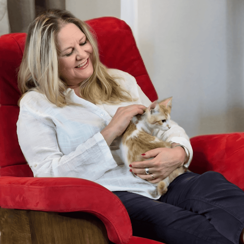 Hizmetlerimiz – Rahatlık deneyimini uçtan uca tamamlarız | Smarto Relax: kırmızı kadife TV koltuğunda sıcak dinlenme anı, ahşap yan panel, kediyle huzur