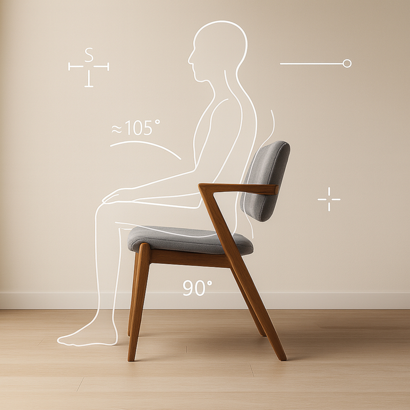 Ergonomik oturma şeması – Keops sandalye üzerinde doğru postür; ≈105° sırt açısı ve 90° diz açısı, minimal ofis/living room arka planı