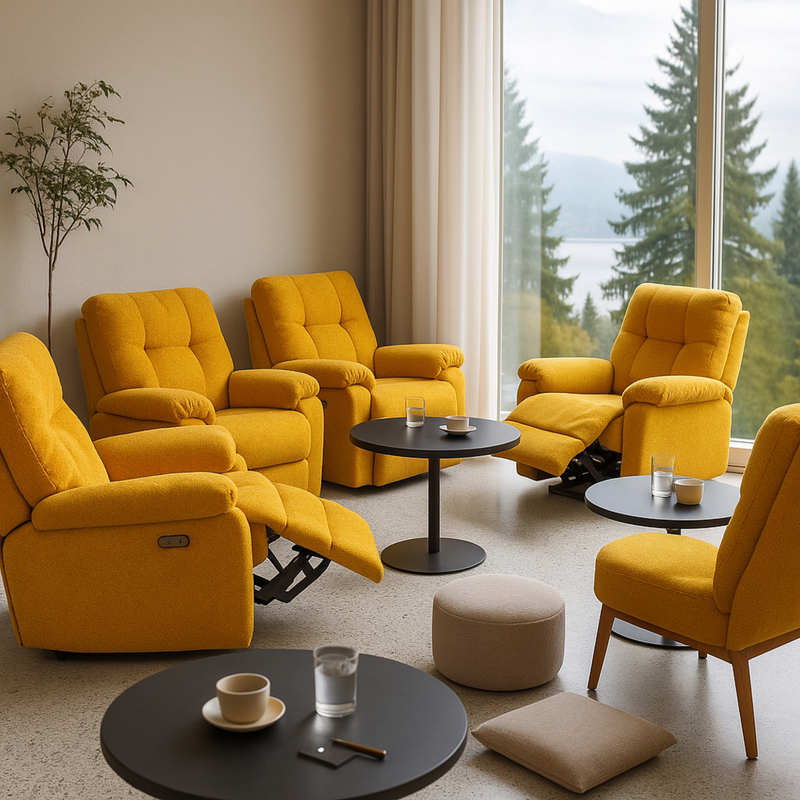 Smarto Relax kompakt TV koltuğu; küçük salonda açık bej kumaş, ince kol tasarımı ve minimal dekorla ferah bir görünüm.