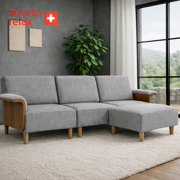 Smarto Relax Köşe Takımı (Şezlonglu) – Polyester Kumaş, Ahşap İskelet, Ahşap Ayaklı L Koltuk1