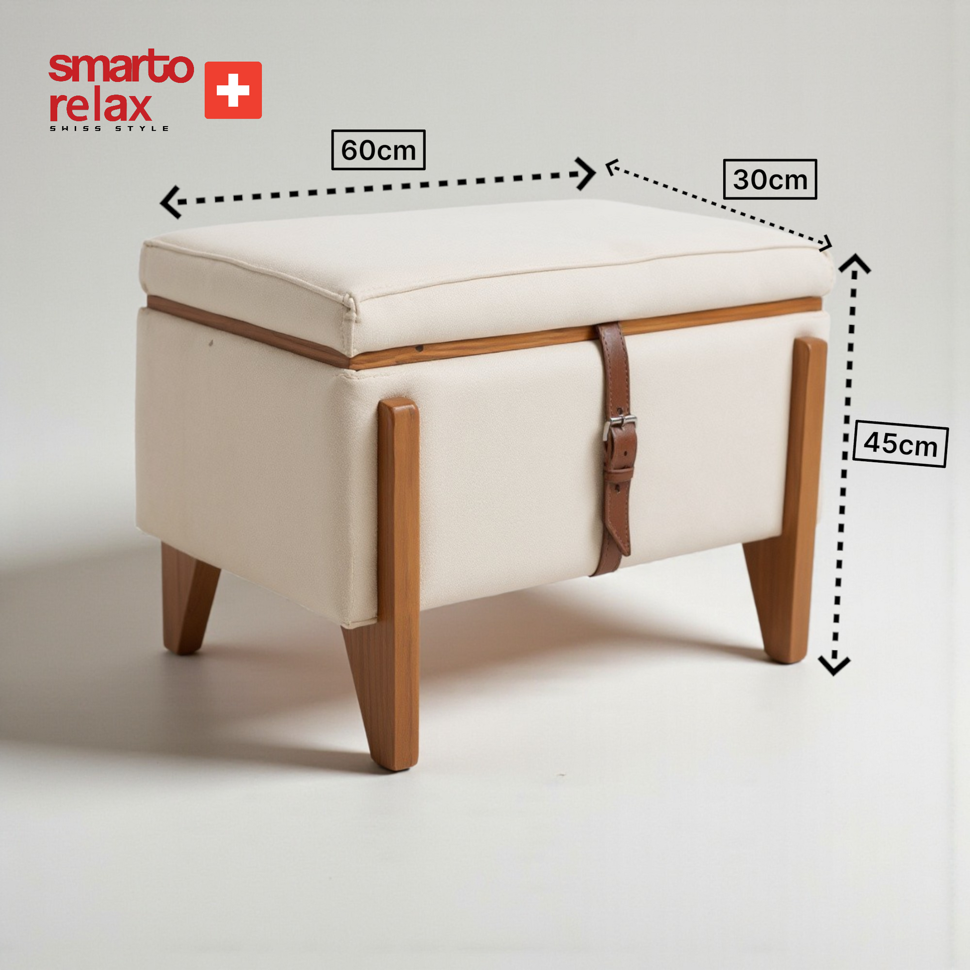 Smarto-Krem Sandıklı Ahşap Ayaklı Puf3