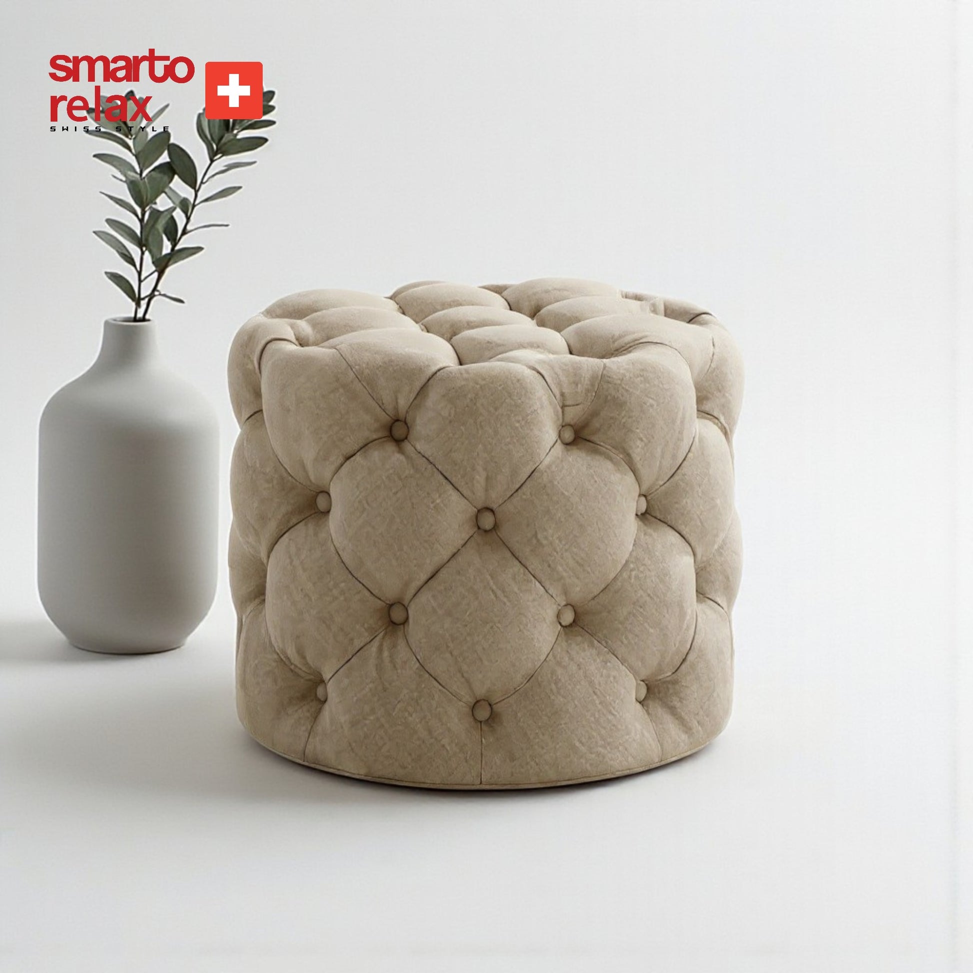 Smarto-Krem Yuvarlak Ayaksız Kapitone Puf3