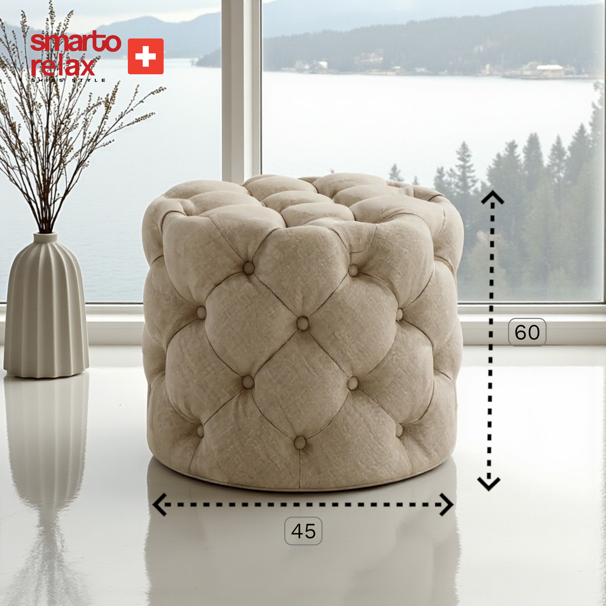 Smarto-Krem Yuvarlak Ayaksız Kapitone Puf4