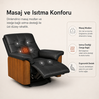 Smarto Relax Miami Elektrikli Masajlı Döner Sallanan TV Koltuğu Kontrol Panelli Ahşap Yan Panelli Gerçek Deri Baba Koltuğu