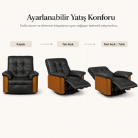 Smarto Relax Miami Elektrikli Masajlı Döner Sallanan TV Koltuğu Kontrol Panelli Ahşap Yan Panelli Gerçek Deri Baba Koltuğu