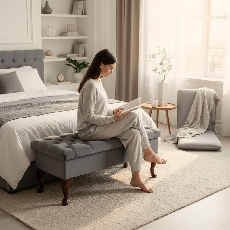 Smarto Konforlu – Akıllı Fonksiyonlar ve Teknolojiler | Smarto Relax TV koltuğu, beyaz döşeme, ahşap yan paneller, açılır ayak desteği