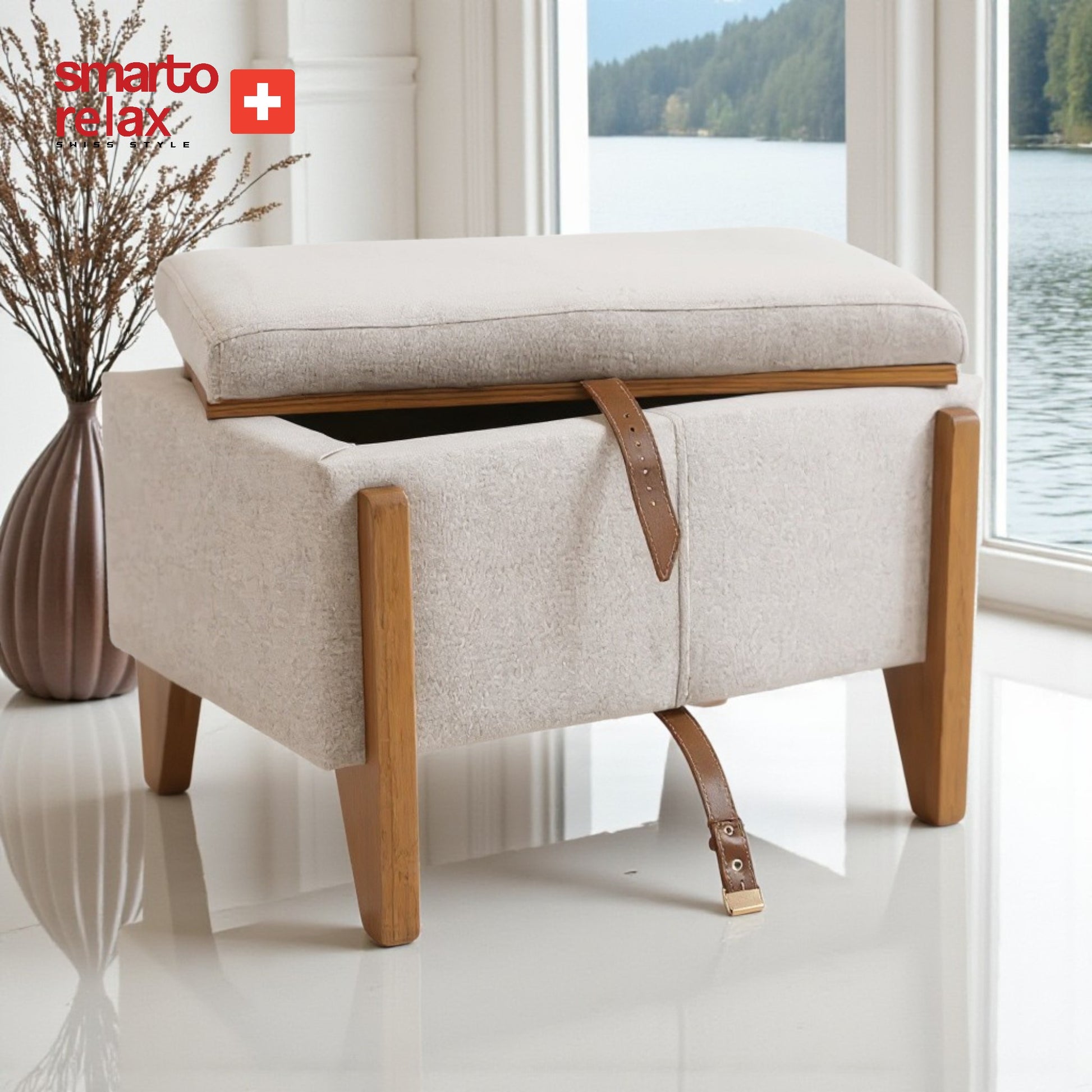 Smarto-Krem Sandıklı Ahşap Ayaklı Puf2