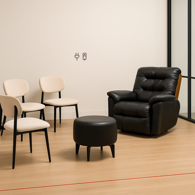 Dekorasyonel ve kurumsal iş ortaklıkları – modern ofis bekleme alanı; Smarto Relax TV koltuğu (siyah deri), krem sandalyeler ve siyah puf ile ergonomik çözüm